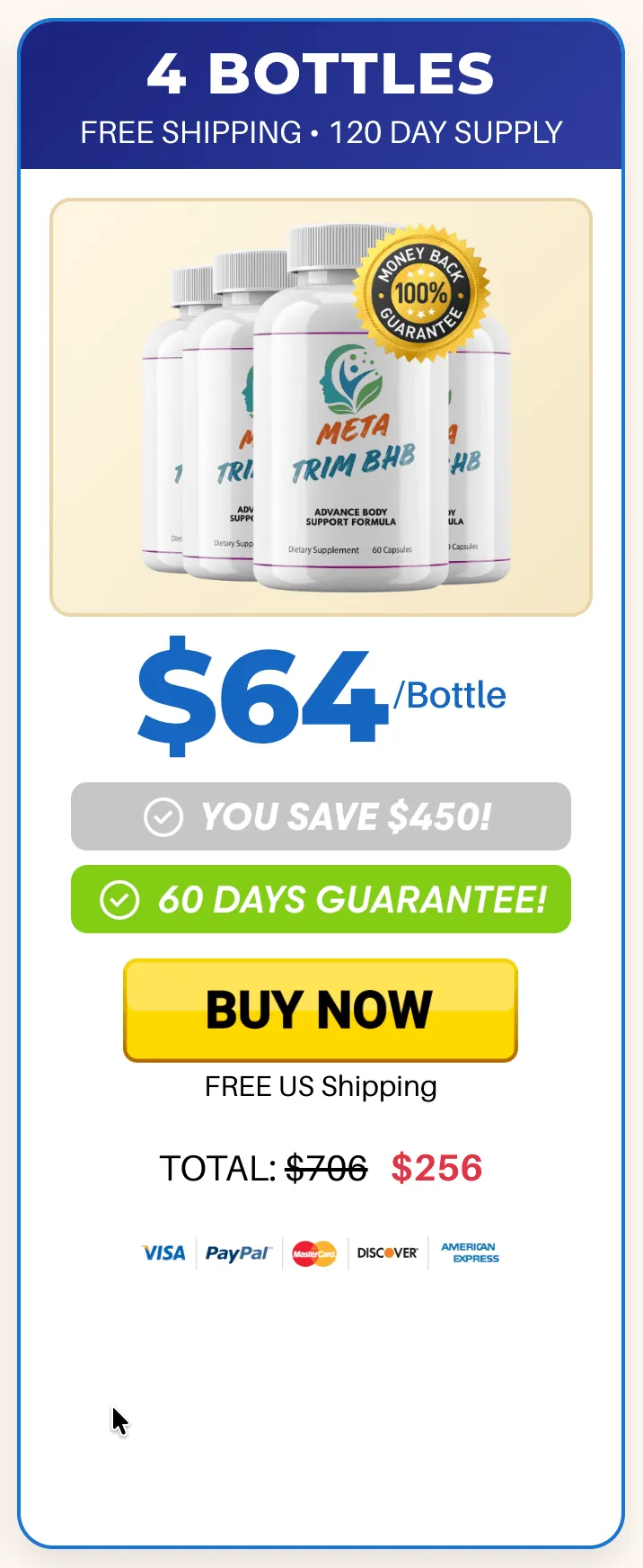Meta Trim BHB 4 bottles pack, 120 day supply, free US shipping offer